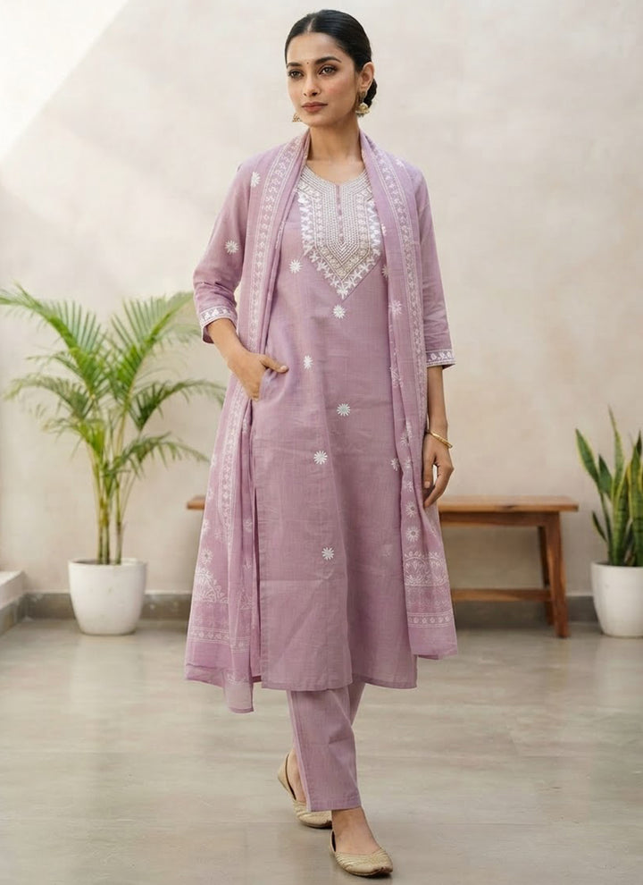 Lavender Rayon Slub Embroidered Kurta Set