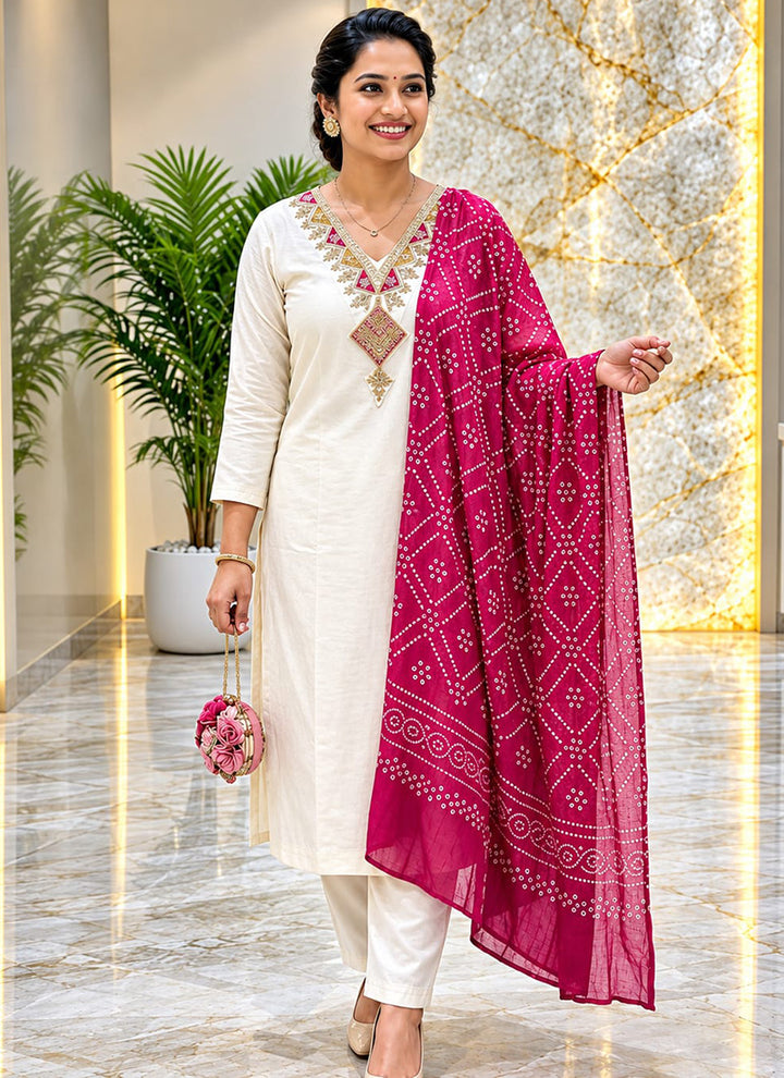 White Rayon Slub Embroidered Festive Kurta Set