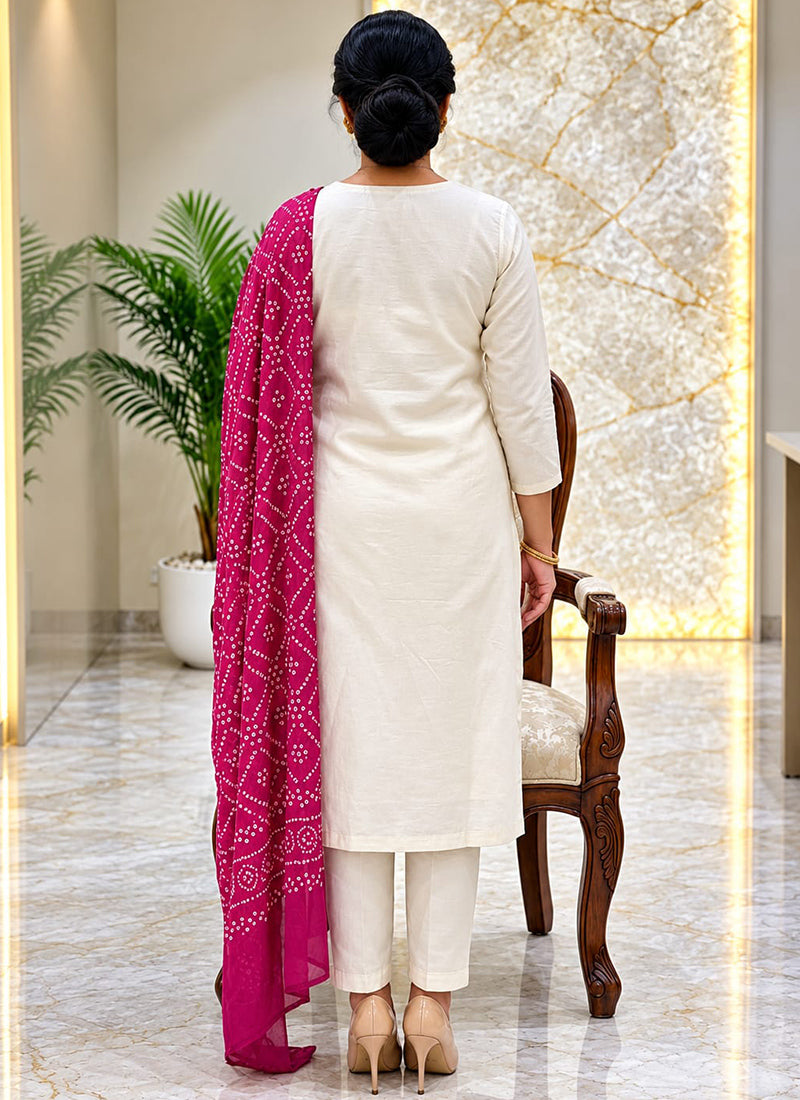 White Rayon Slub Embroidered Festive Kurta Set