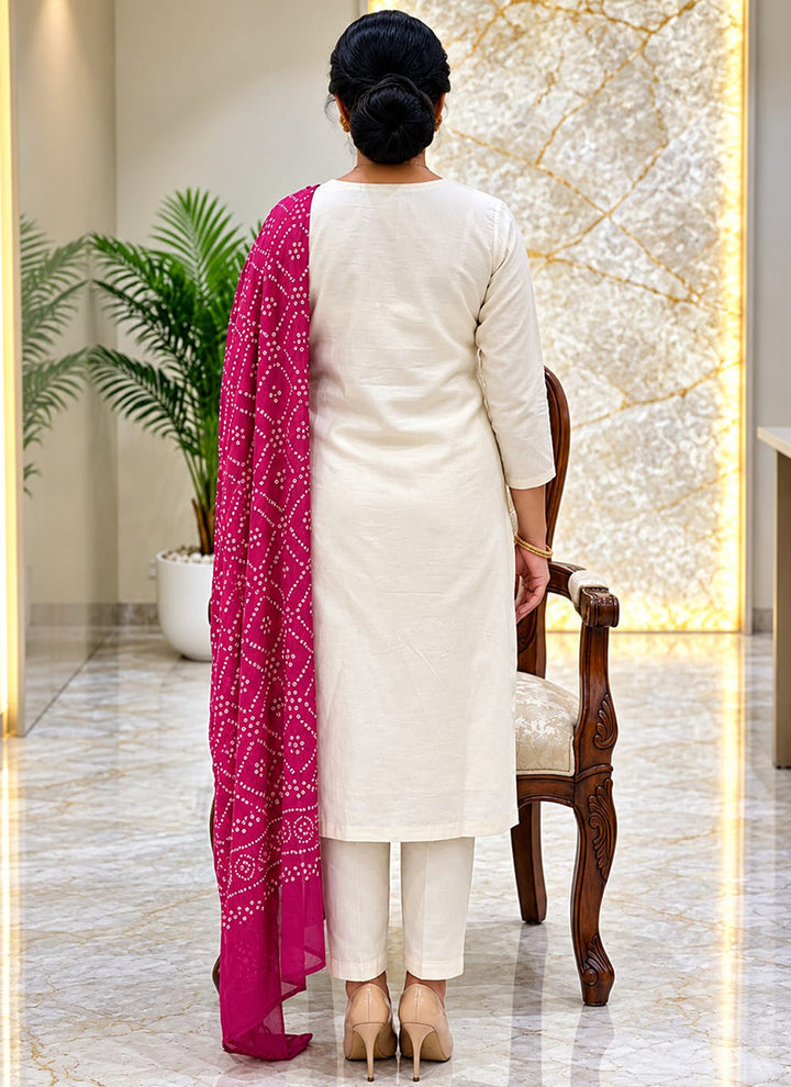 White Rayon Slub Embroidered Festive Kurta Set