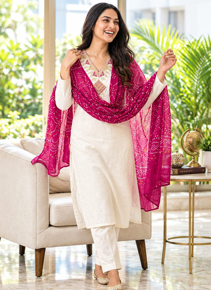 White Rayon Slub Embroidered Festive Kurta Set