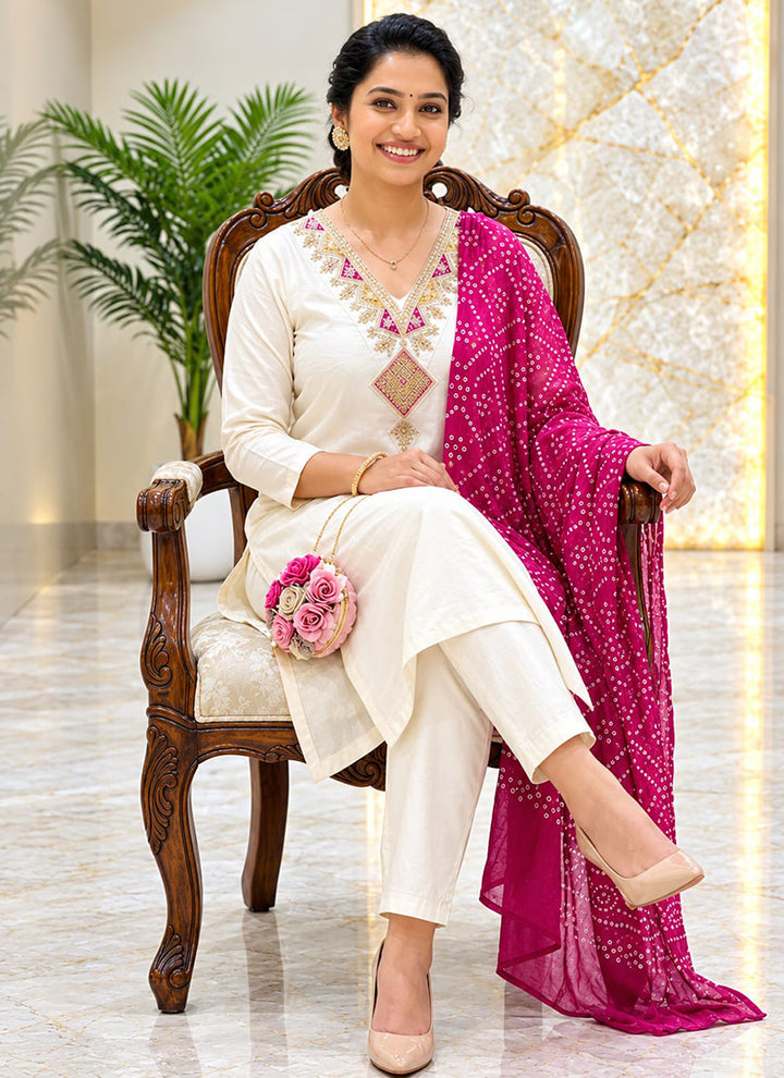 White Rayon Slub Embroidered Festive Kurta Set