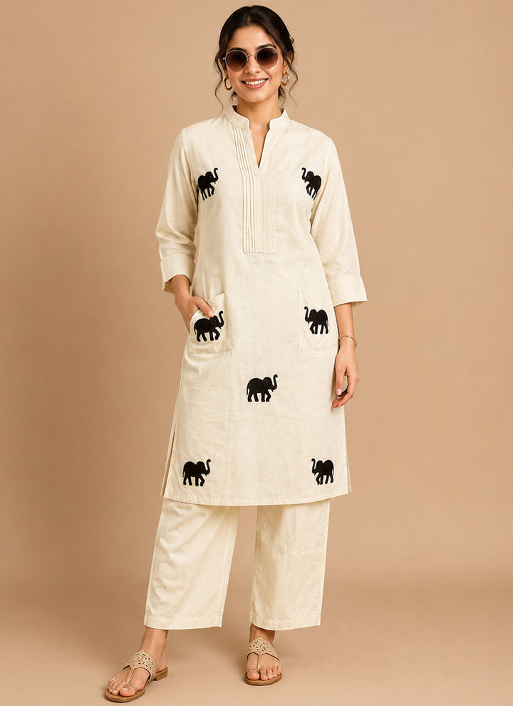 White Khadi Cotton Embroidered Festive Cord Set
