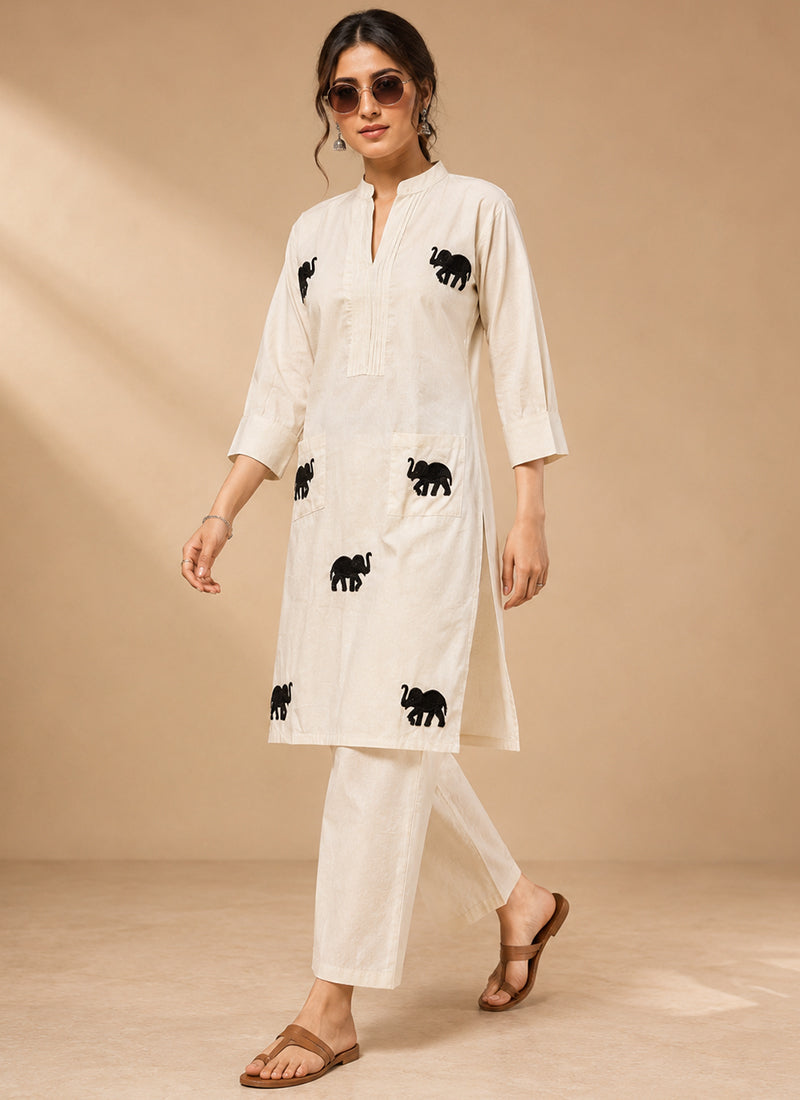 White Khadi Cotton Embroidered Festive Cord Set