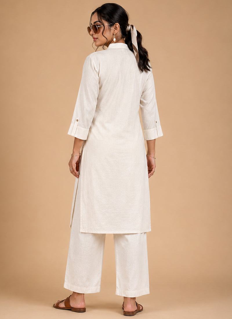 White Khadi Cotton Embroidered Festive Cord Set
