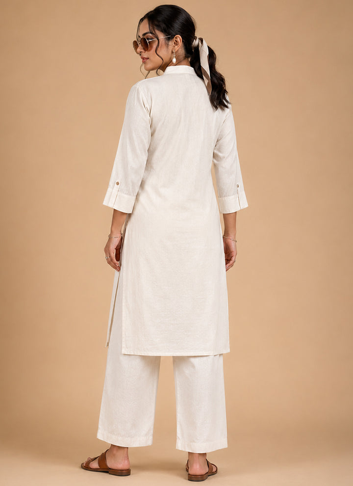 White Khadi Cotton Embroidered Festive Cord Set