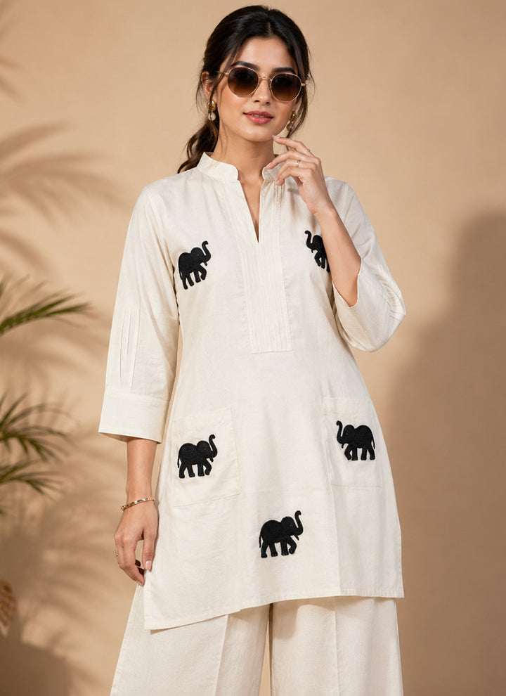 White Khadi Cotton Embroidered Festive Cord Set