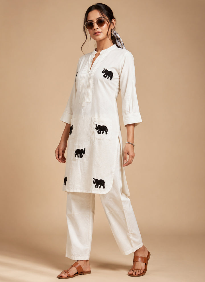 White Khadi Cotton Embroidered Festive Cord Set