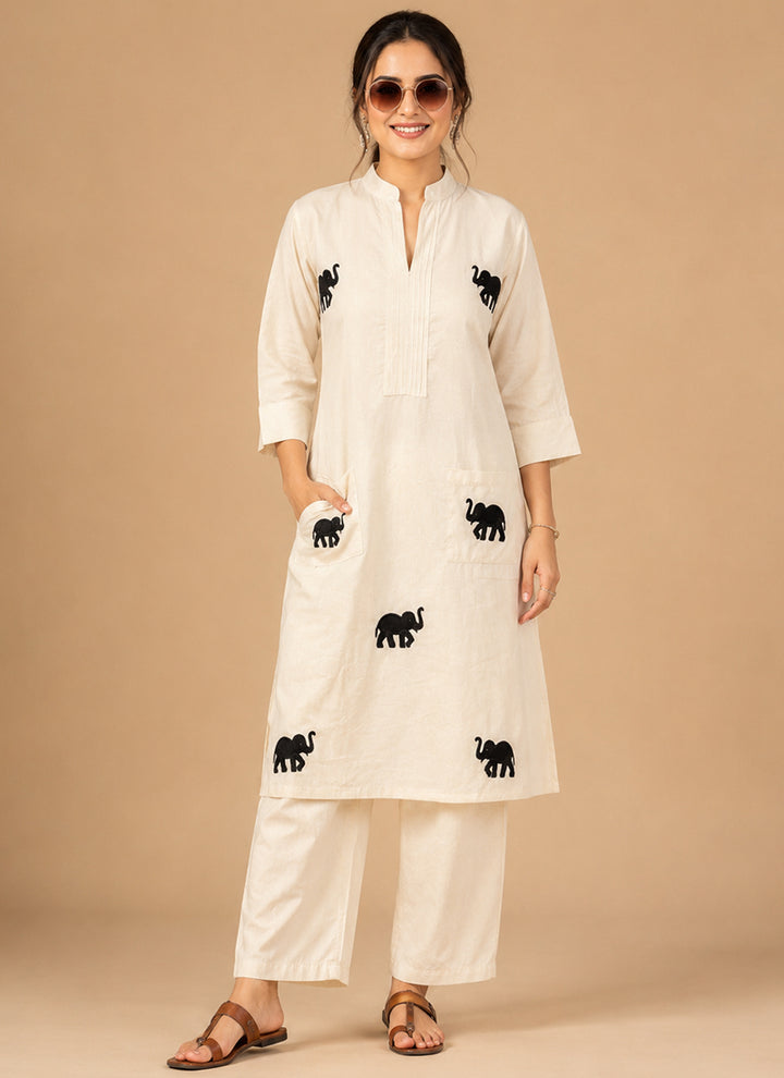 White Khadi Cotton Embroidered Festive Cord Set