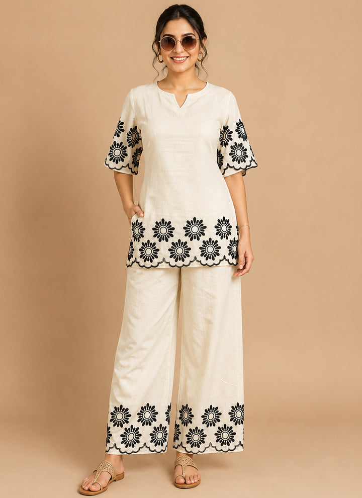 White Cotton Embroidered Outwear Cord Set