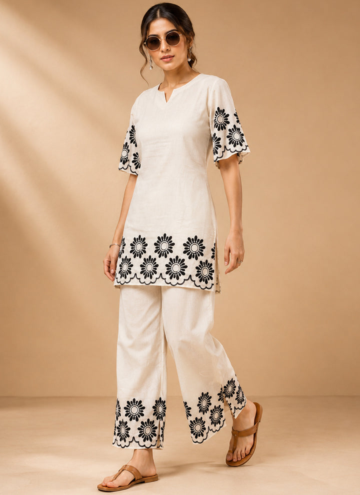 White Cotton Embroidered Outwear Cord Set