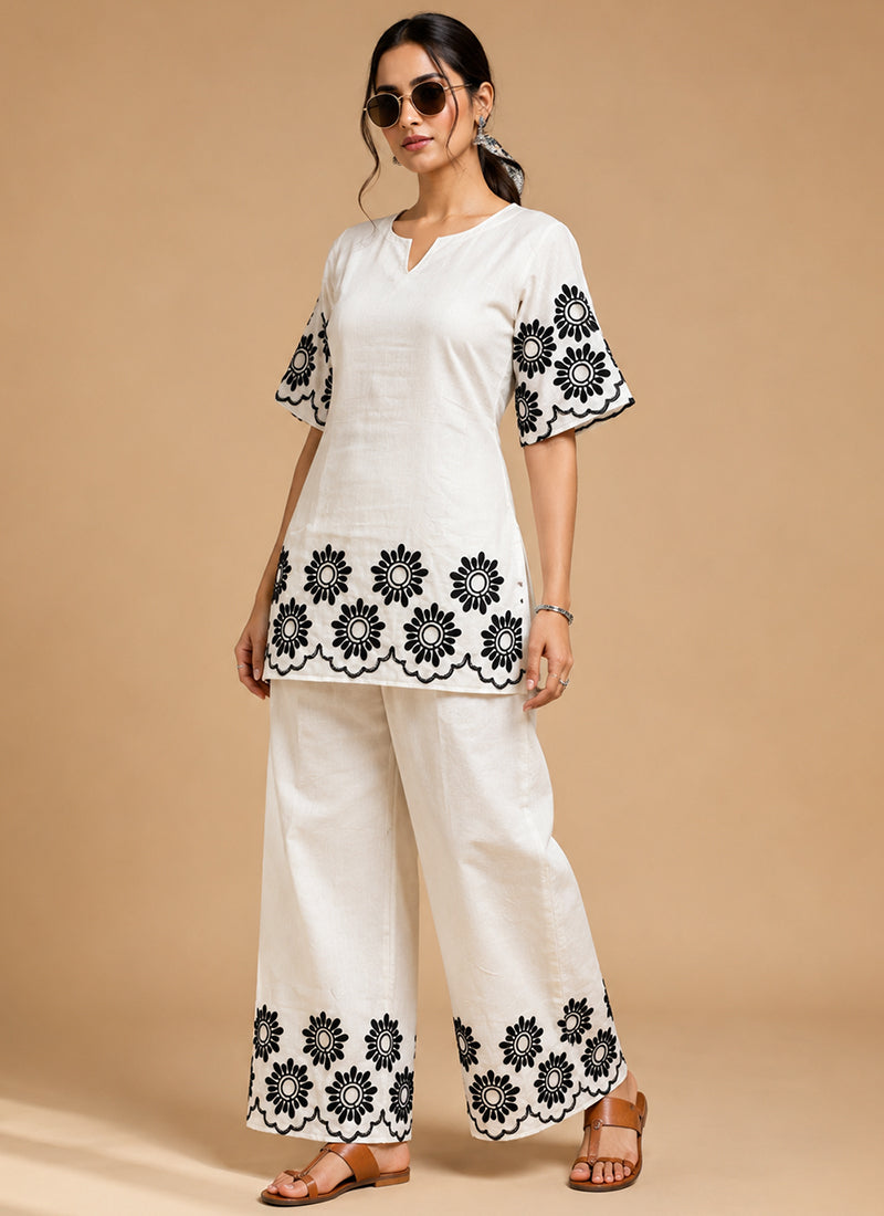 White Cotton Embroidered Outwear Cord Set
