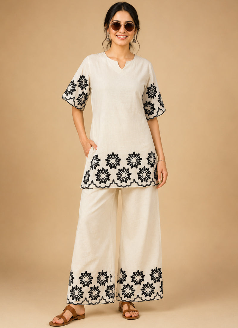 White Cotton Embroidered Outwear Cord Set
