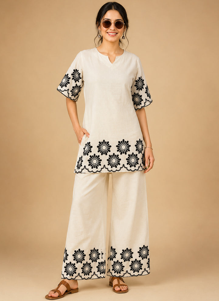 White Cotton Embroidered Outwear Cord Set