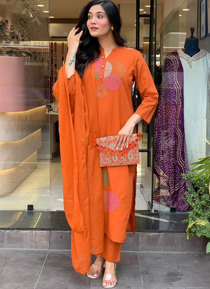 Orange Rayon Slub Embroidered Festive Kurta Set