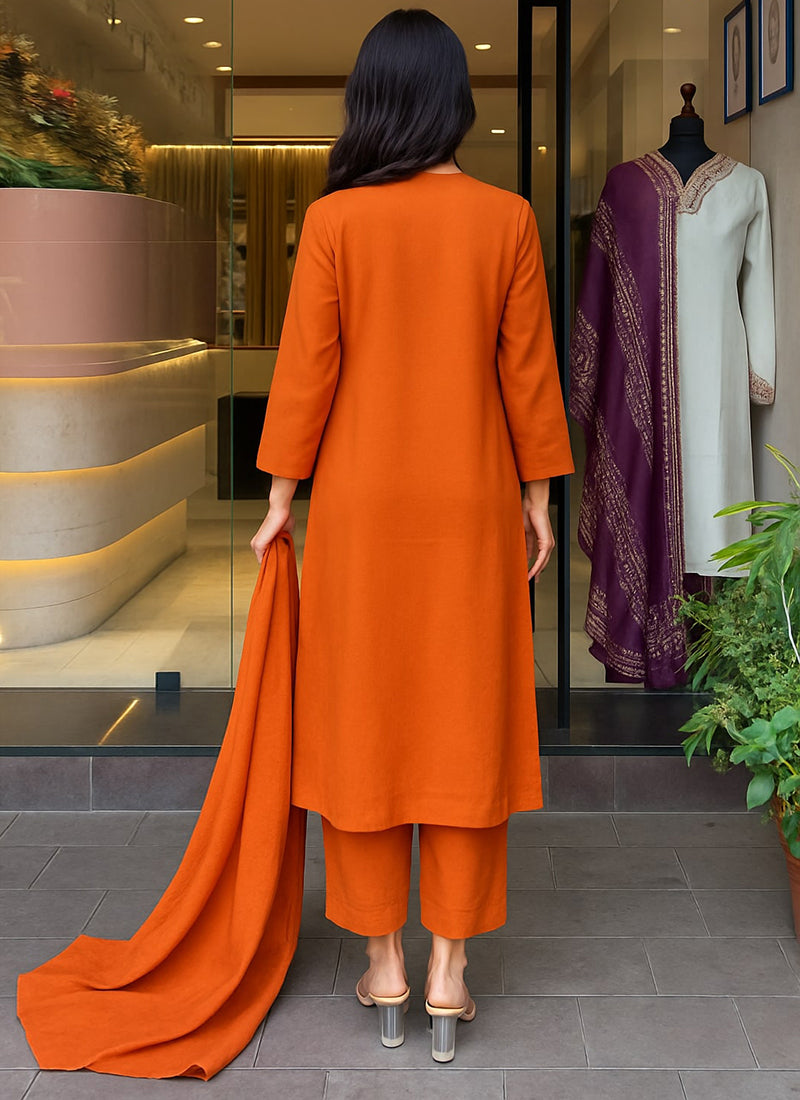 Orange Rayon Slub Embroidered Festive Kurta Set