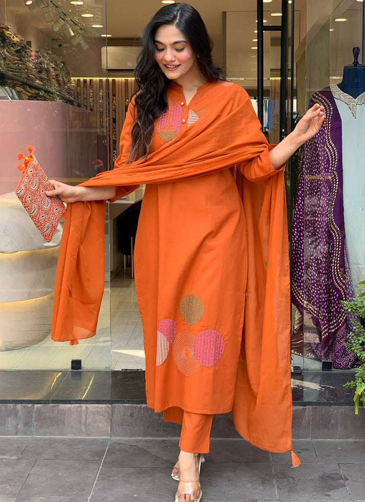 Orange Rayon Slub Embroidered Festive Kurta Set