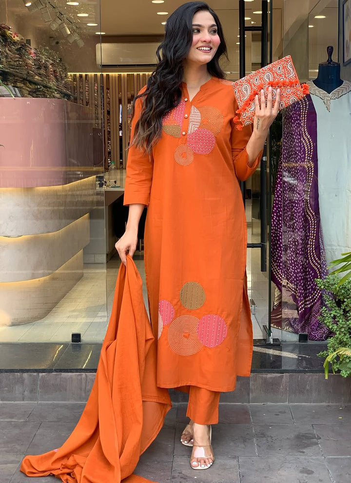 Orange Rayon Slub Embroidered Festive Kurta Set