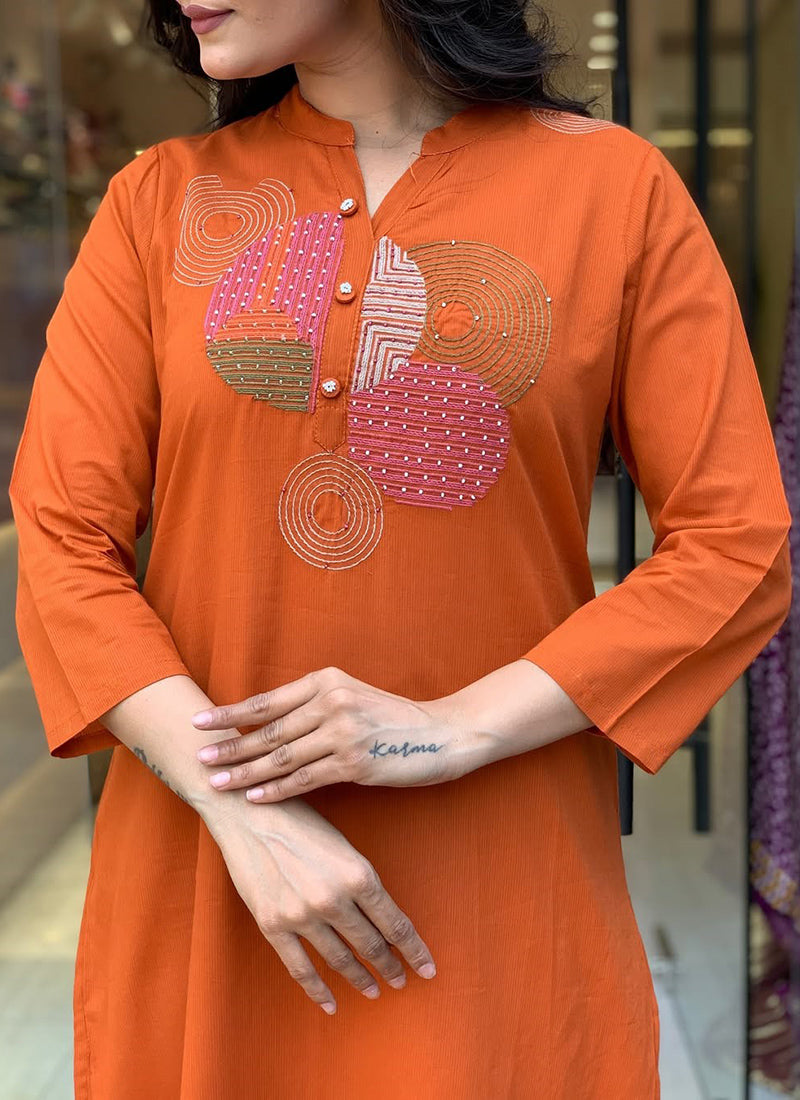 Orange Rayon Slub Embroidered Festive Kurta Set