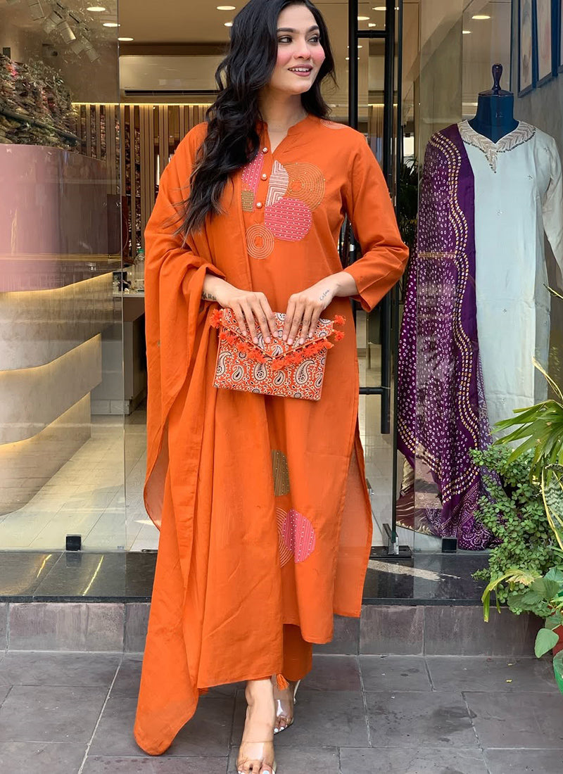 Orange Rayon Slub Embroidered Festive Kurta Set