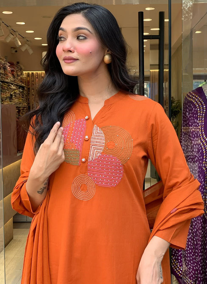 Orange Rayon Slub Embroidered Festive Kurta Set