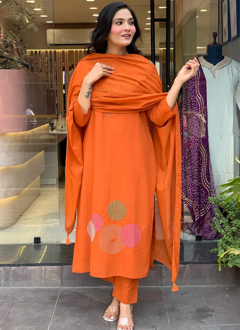 Orange Rayon Slub Embroidered Festive Kurta Set