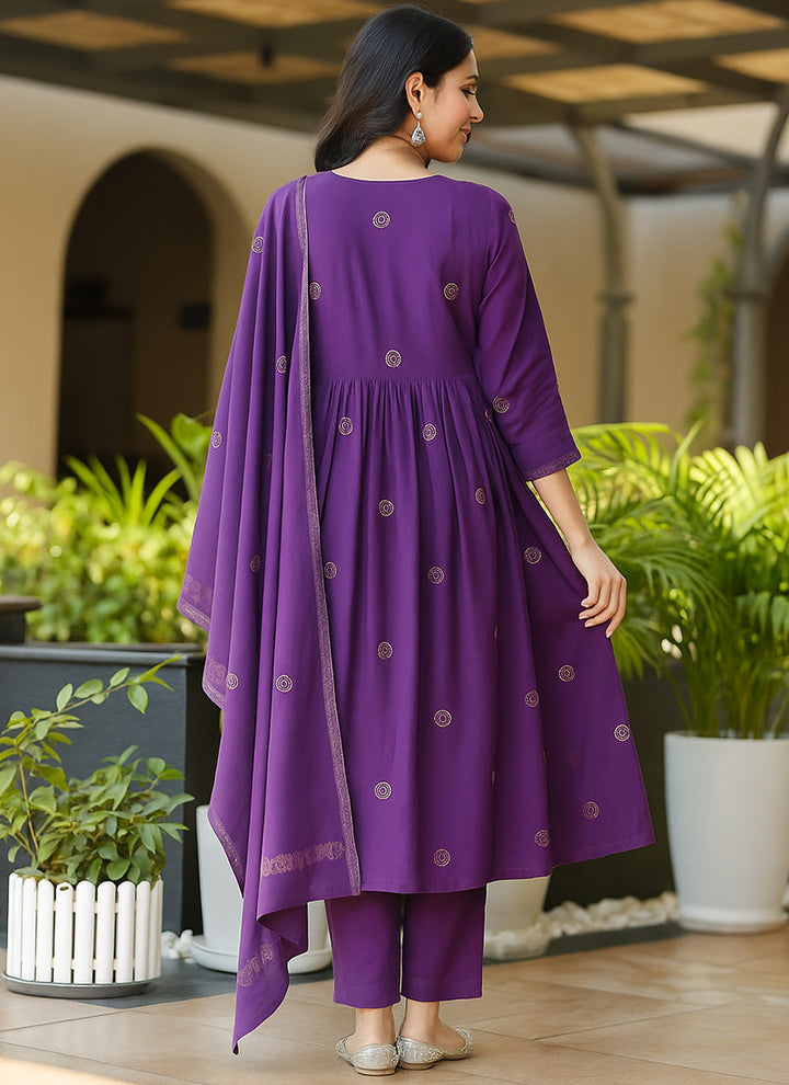 Purple Rayon Slub Embroidered Flared Kurta Set