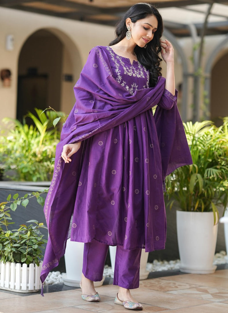 Purple Rayon Slub Embroidered Flared Kurta Set