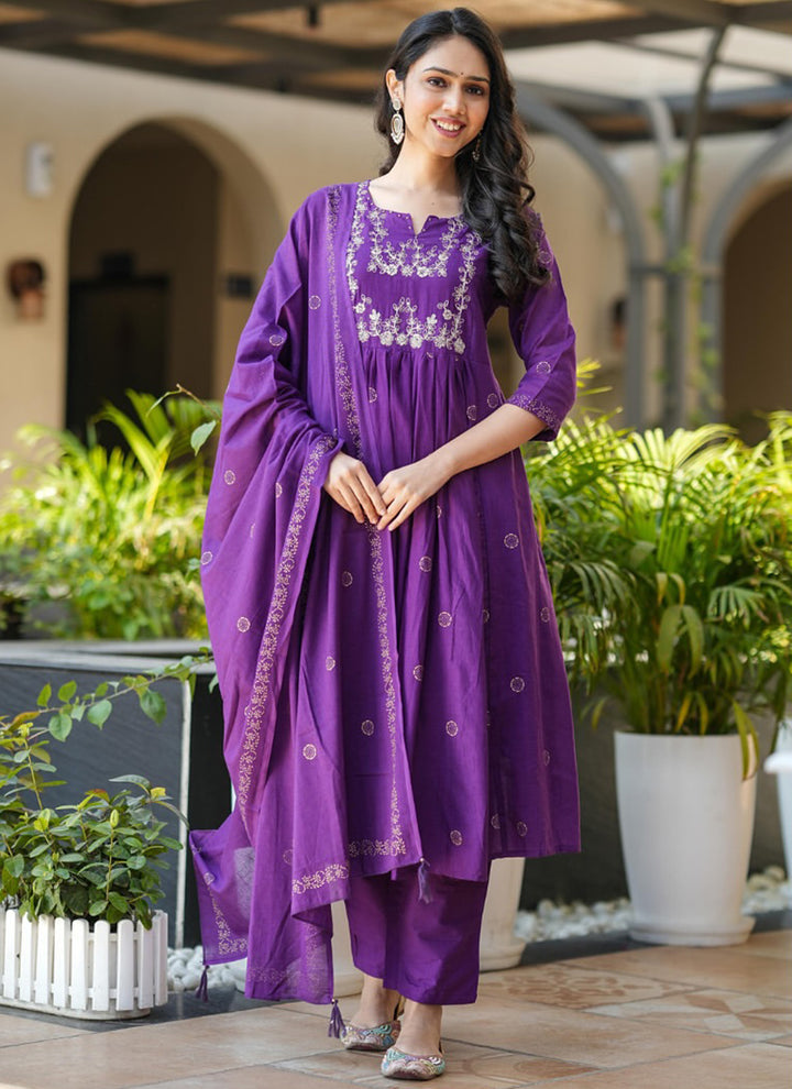 Purple Rayon Slub Embroidered Flared Kurta Set