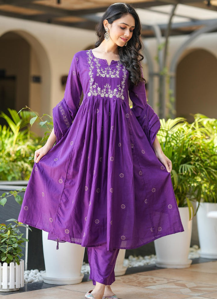 Purple Rayon Slub Embroidered Flared Kurta Set