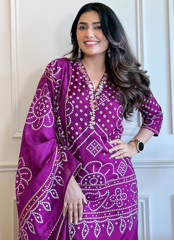 Purple Bandhani Style Viscose Straight Kurta Set