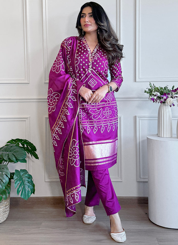Purple Bandhani Style Viscose Straight Kurta Set