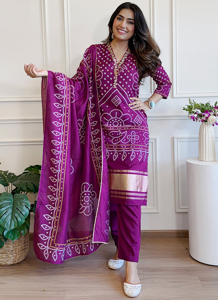 Purple Bandhani Style Viscose Straight Kurta Set