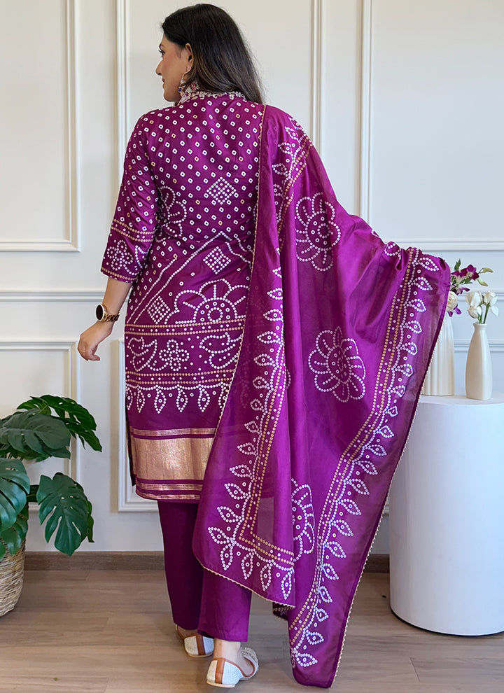 Purple Bandhani Style Viscose Straight Kurta Set
