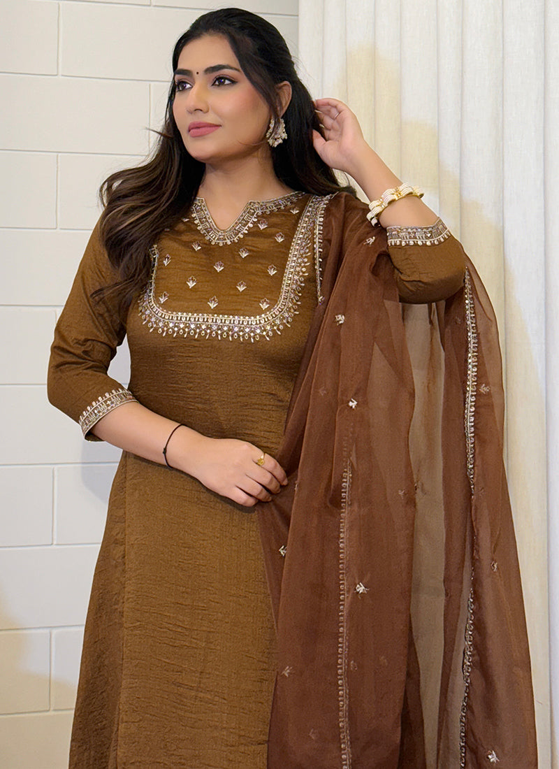 Brown Vichitra Silk Pant Style Straight Kurta Set