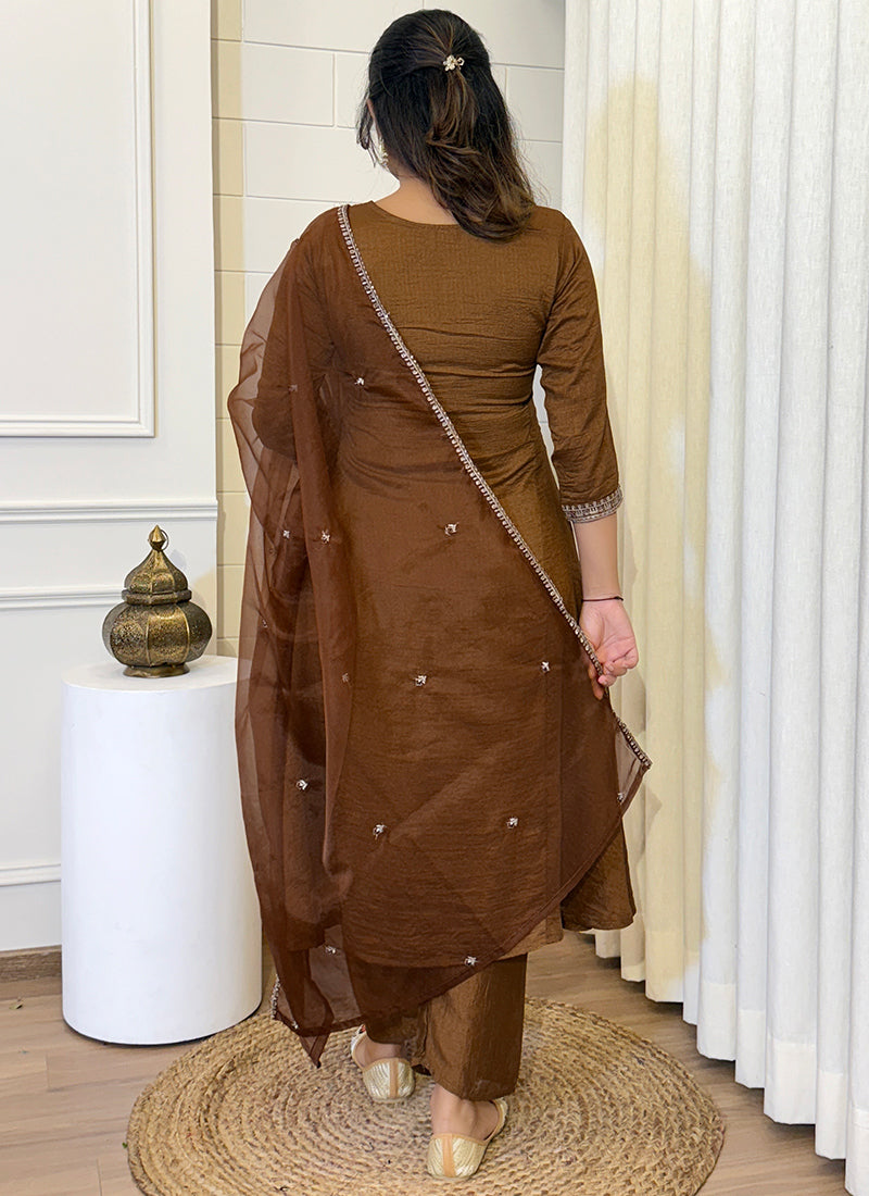 Brown Vichitra Silk Pant Style Straight Kurta Set