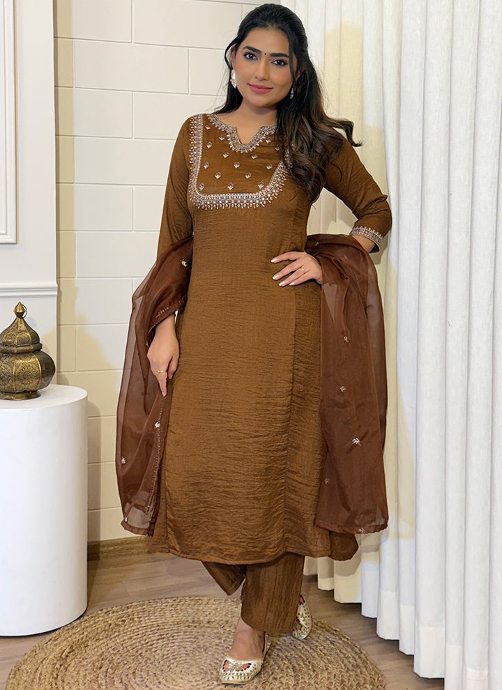 Brown Vichitra Silk Pant Style Straight Kurta Set