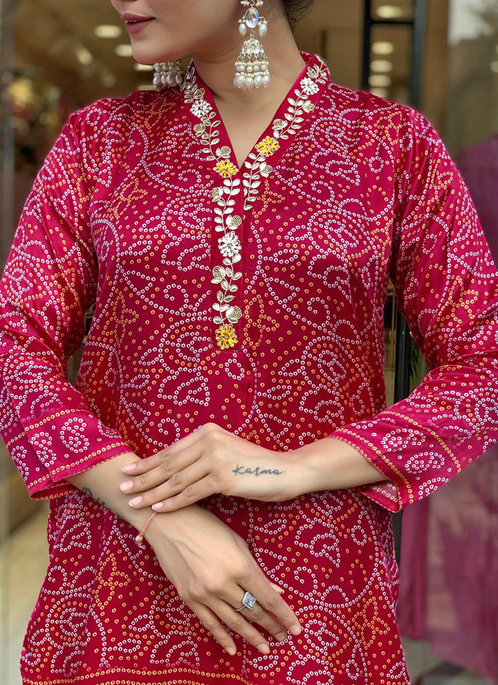 Red Bandhani Printed Viscose Silk Kurta Set