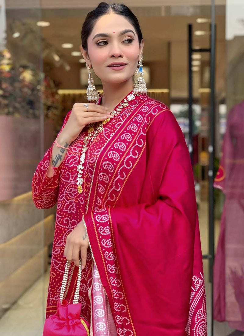 Red Bandhani Printed Viscose Silk Kurta Set