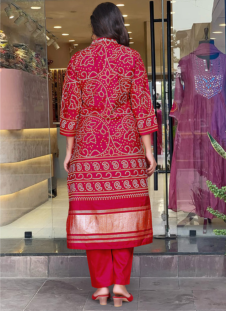 Red Bandhani Printed Viscose Silk Kurta Set