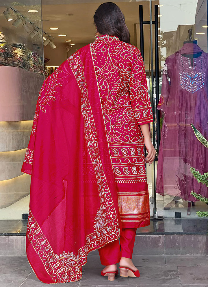 Red Bandhani Printed Viscose Silk Kurta Set