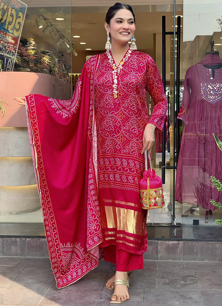 Red Bandhani Printed Viscose Silk Kurta Set