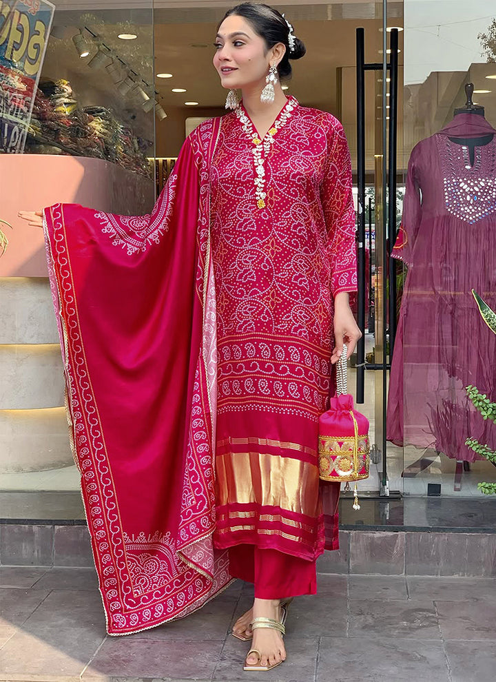 Red Bandhani Printed Viscose Silk Kurta Set