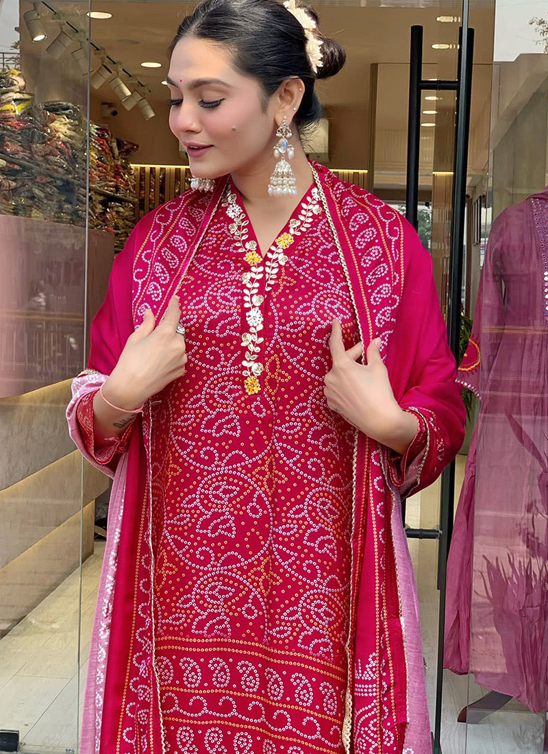 Red Bandhani Printed Viscose Silk Kurta Set