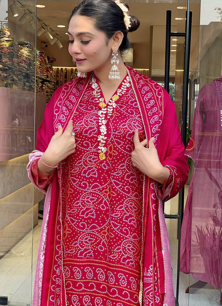 Red Bandhani Printed Viscose Silk Kurta Set