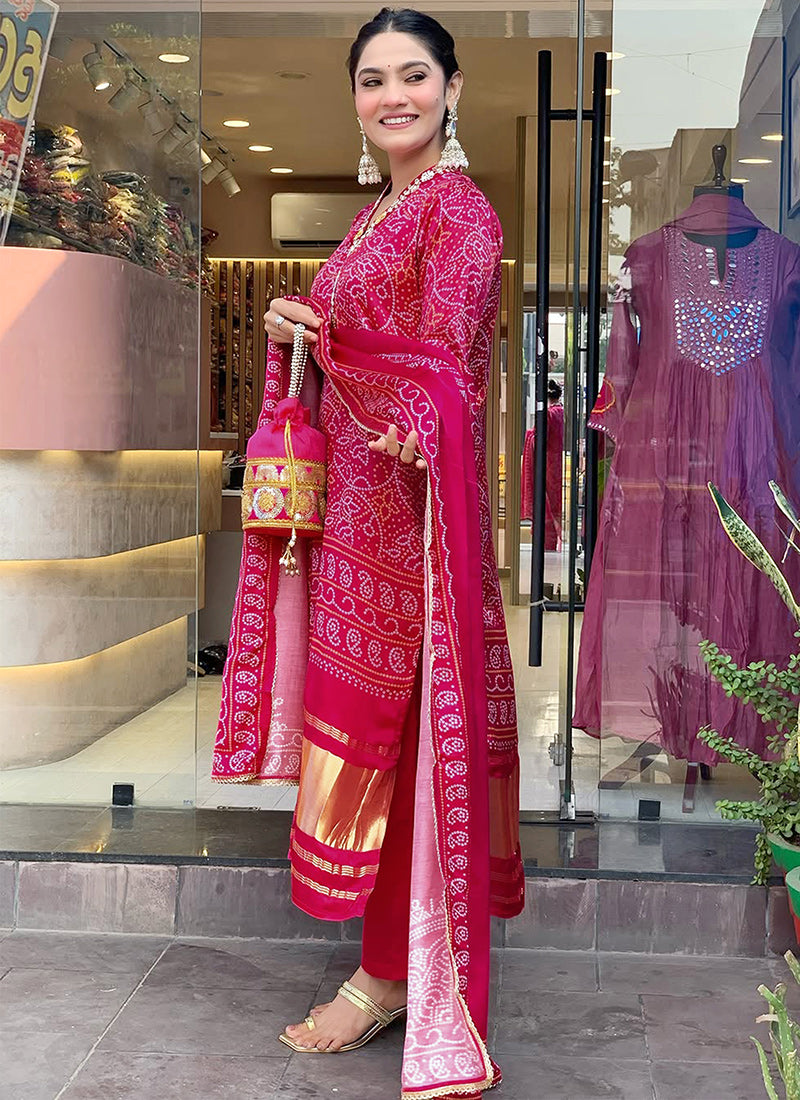 Red Bandhani Printed Viscose Silk Kurta Set