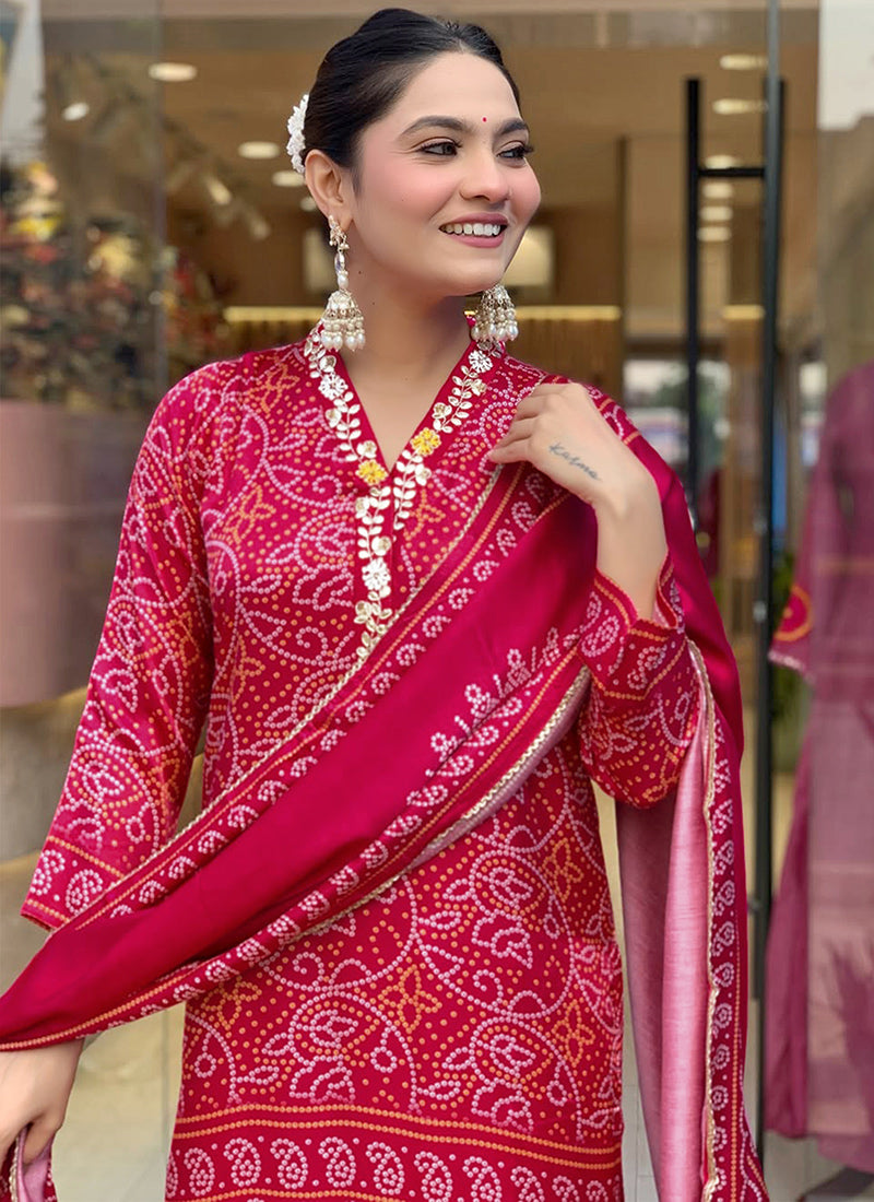 Red Bandhani Printed Viscose Silk Kurta Set
