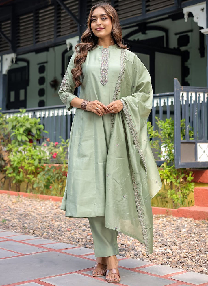 Pista Green Muslin Silk Embroidered Kurta Set