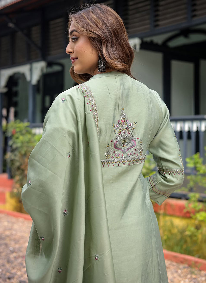 Pista Green Muslin Silk Embroidered Kurta Set