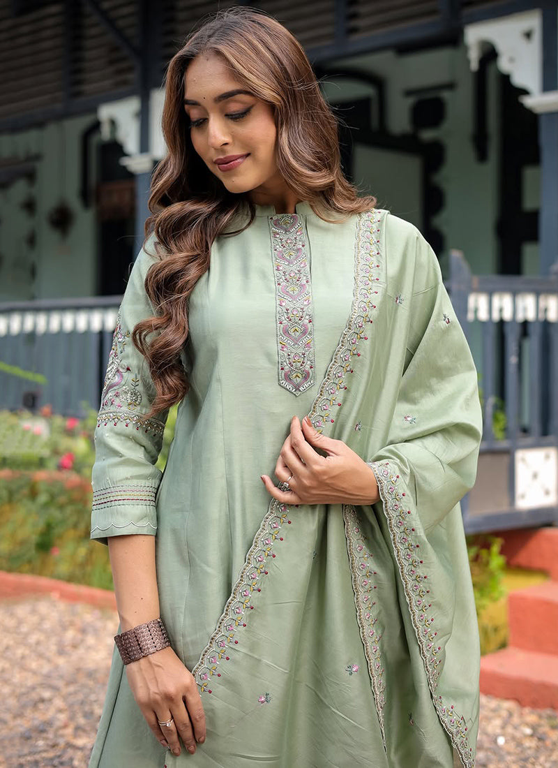 Pista Green Muslin Silk Embroidered Kurta Set